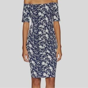Nicole Miller Medium Blue Floral Off-Shoulder Short Sleeve Sheath Dress